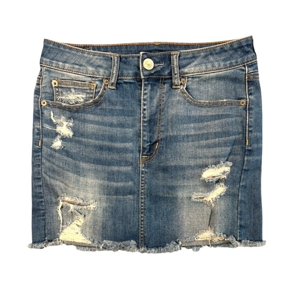 American Eagle Super Stretch Denim Mini Skirt 6 Medium Wash‎ Distressed Raw Hem